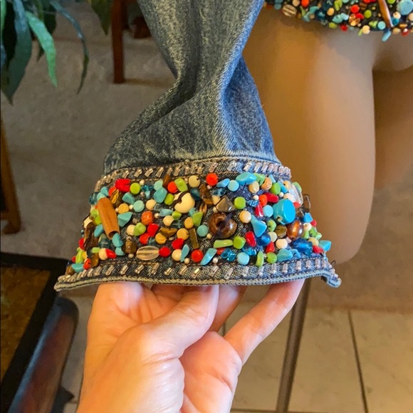 One of a kind: Turquoise Beaded jean jacket with cross on back - Picture 4 of 8
